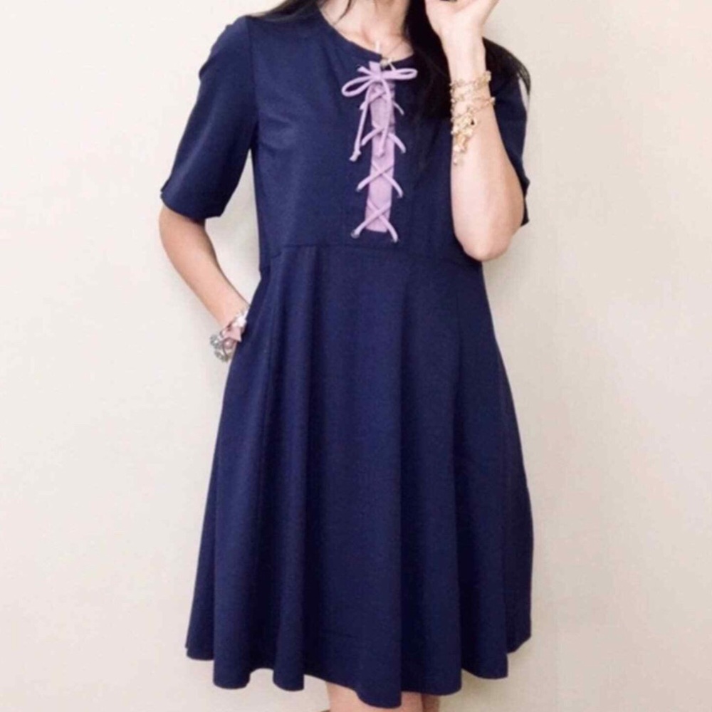 Anthropologie Navy Dress with Lavender Lace-Up Front
